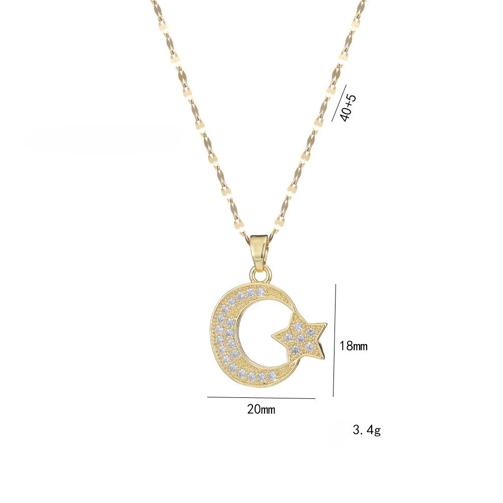 classic shiny zircon star moon pendant necklace