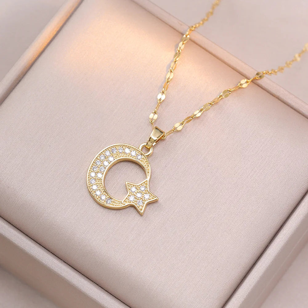 classic shiny zircon star moon pendant necklace