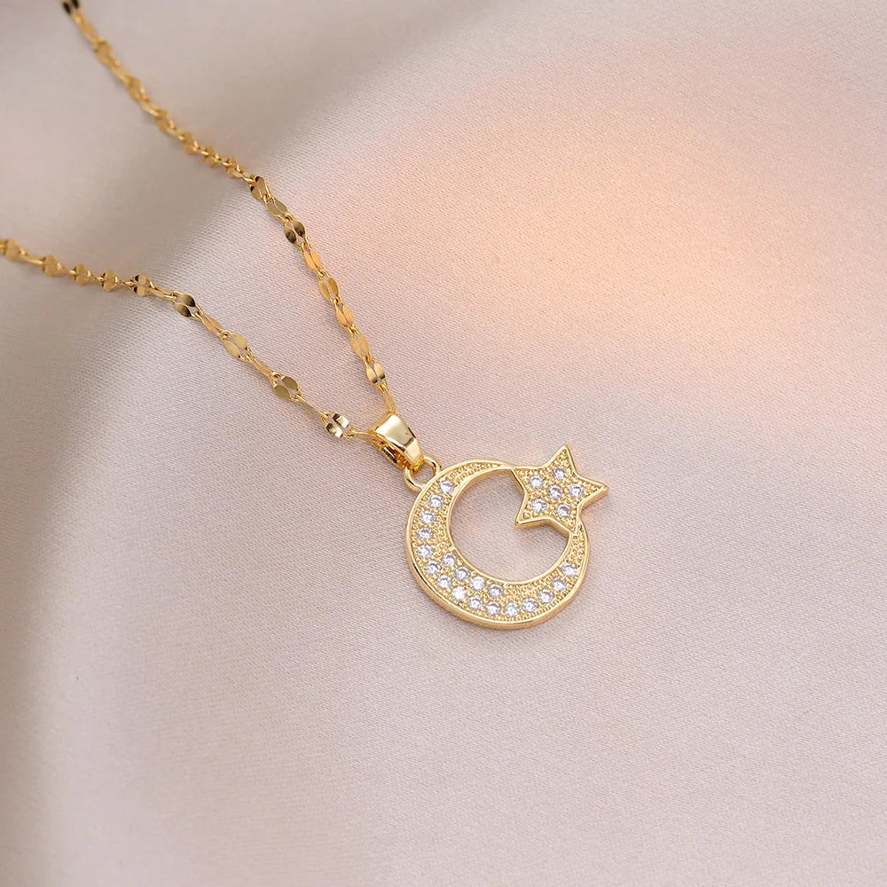 classic shiny zircon star moon pendant necklace